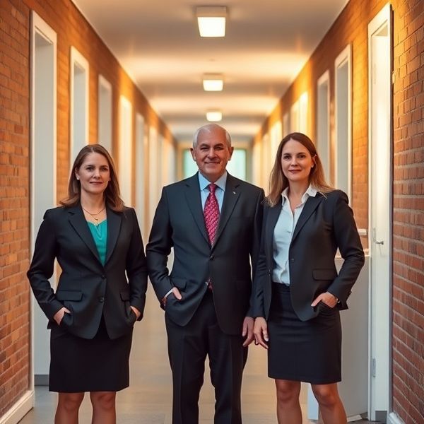 Troje prawników Kancelarii Nowak w jasnym korytarzu biura w Lublinie